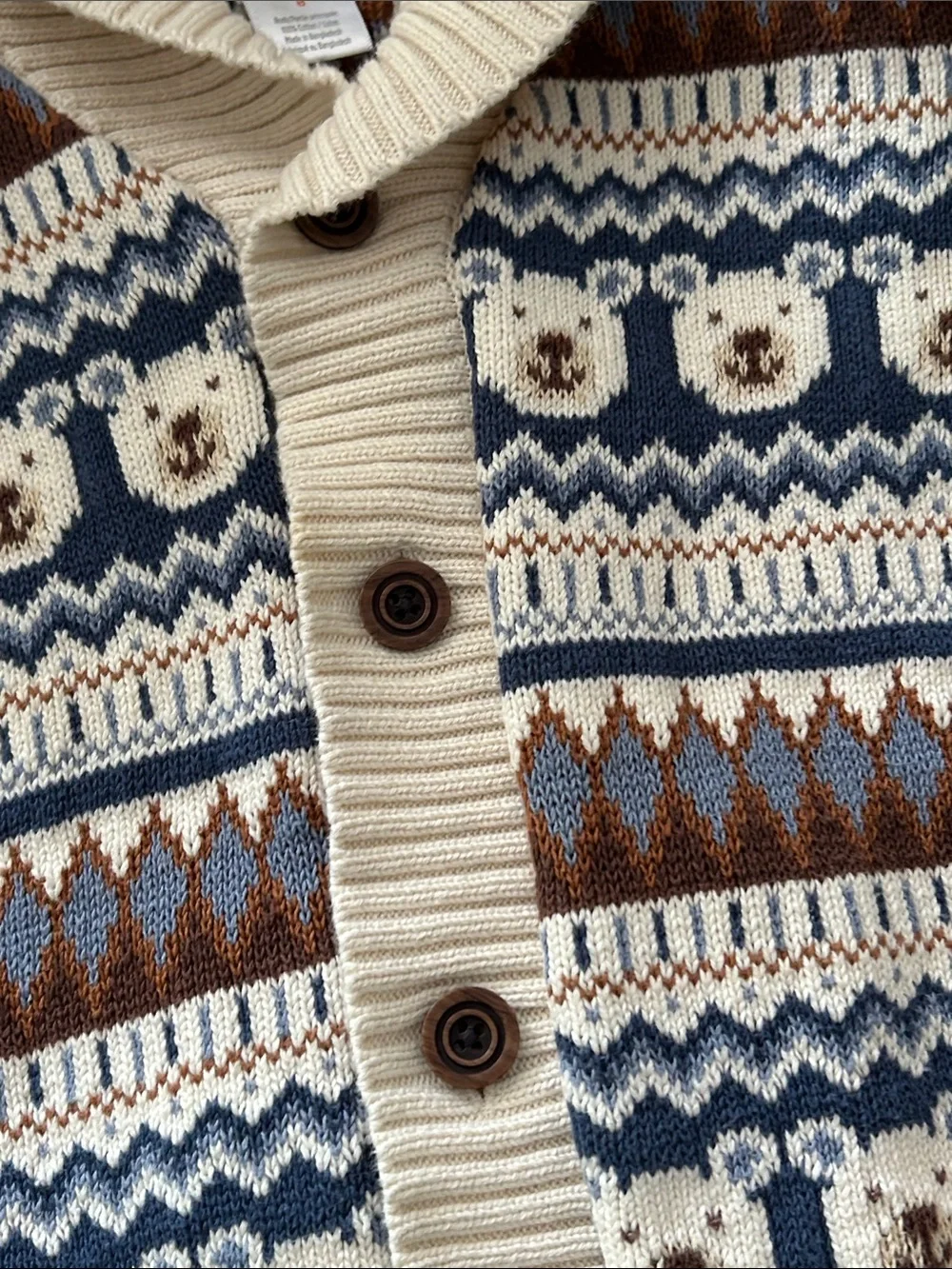 Gymboree Cozy Cream & Blue Fair Isle Teddy Bear Button Cardigan
